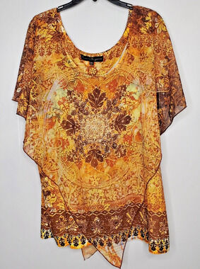 French Bazaar Womens Boho Leaf Printed Poncho Blouse Top Orange Brown SZ 3XL